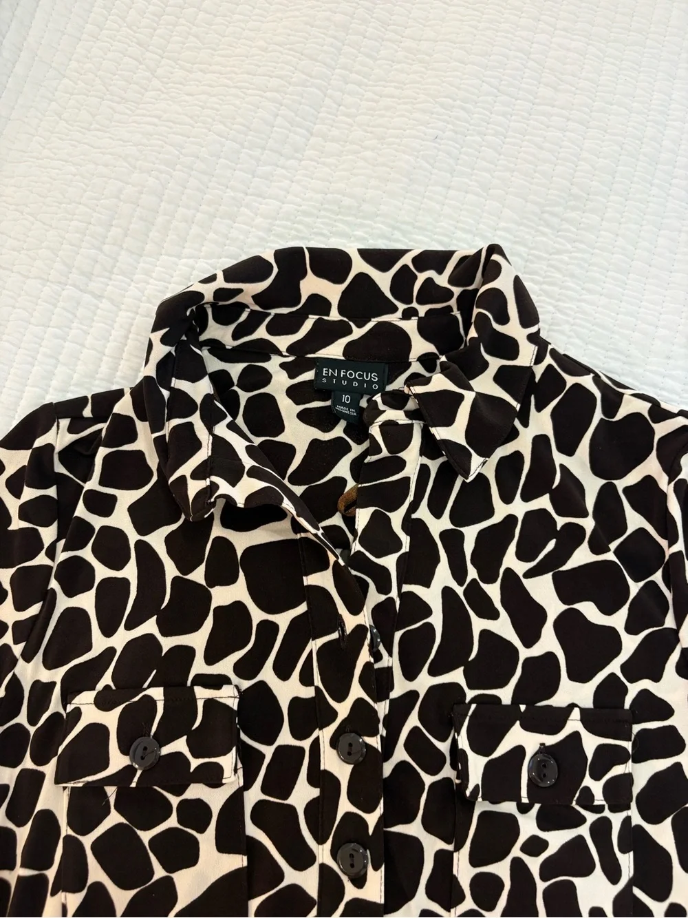Short Brown and White Printed Shirt Dress